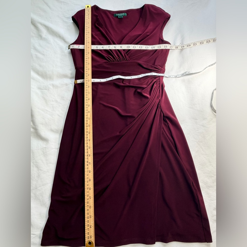 Polo by Ralph Lauren Sleeveless V-Neck Ruched Midi Dress in Burgundy - Picture 9 of 10